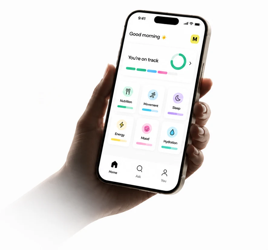 Morning app screen showing today's score, six category cards, held in a hand