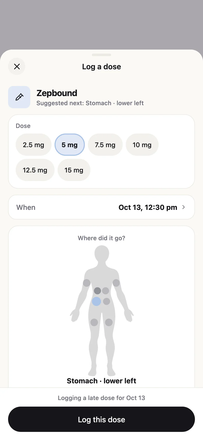 Log a dose: the medication, the dose, the time, and the suggested next site on a body map